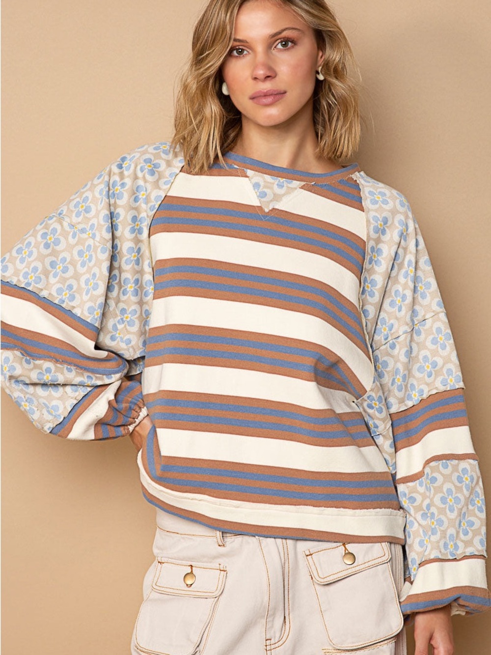 POL Contrast‎ & Striped Floral Print Long Sleeve Top, Medium